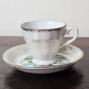 Vintage Kansas Souvenir Teacup Saucer Set Iridescent Glaze